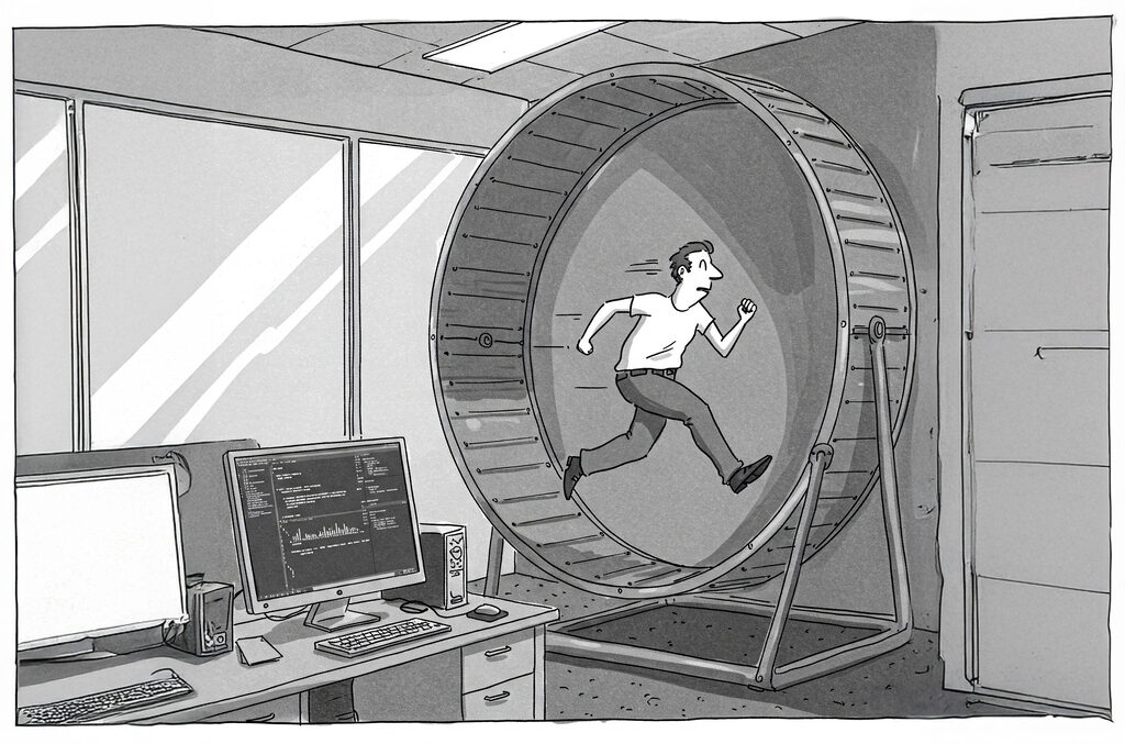 Oliver Steele running in a hamster wheel beside a desk